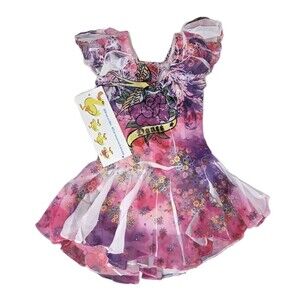 Duck Crossing Y2K Leotard Dance Skate Dress Bling Rose Airbrush Toddler 2T Pink